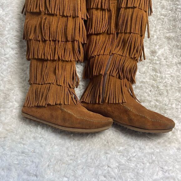 MINNETONKA Brown leather suede3 layer Tier Fringe Moccasin Boots side zipper SZ7 - Picture 6 of 10